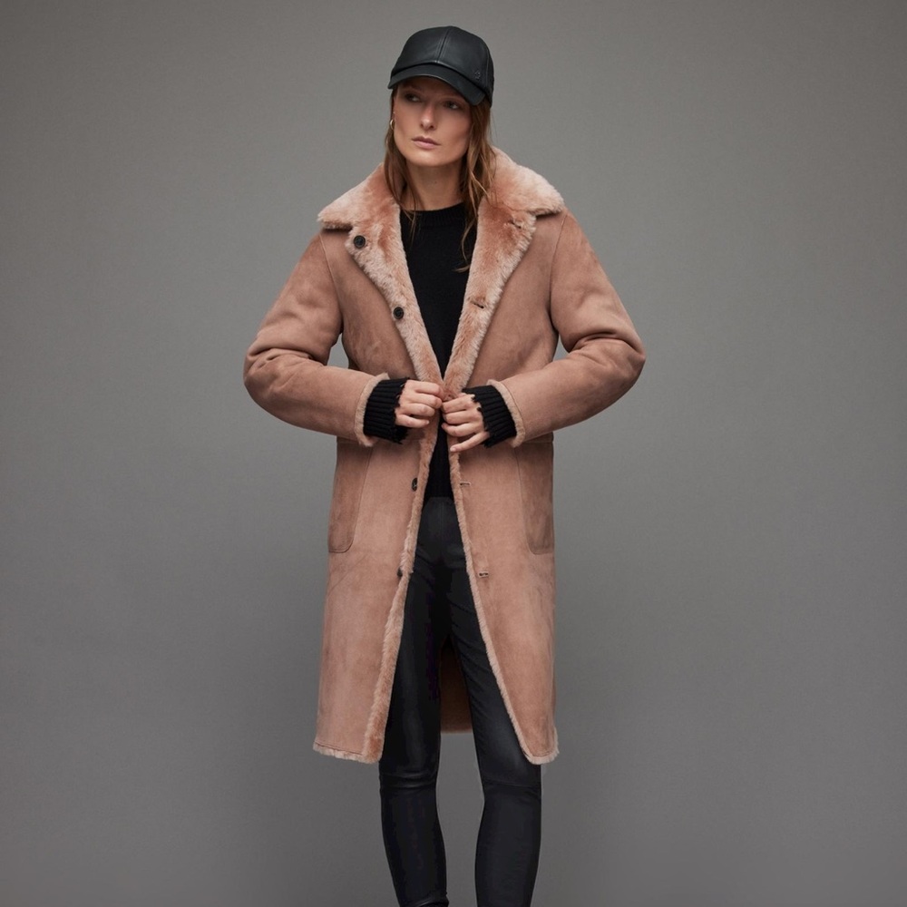 All saints Serra shearling coat Dusty Pink